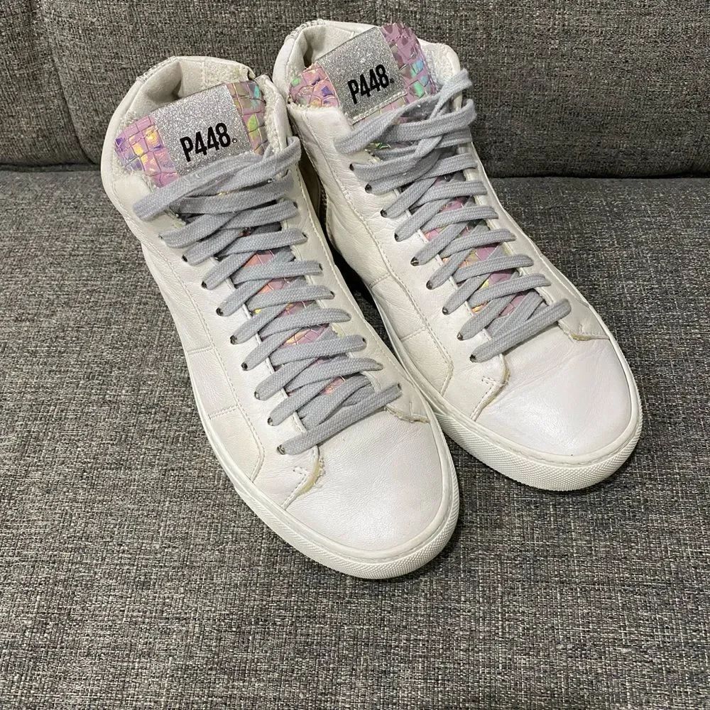 P448 Women's White and Silver High-Top Sneakers Women Size 39